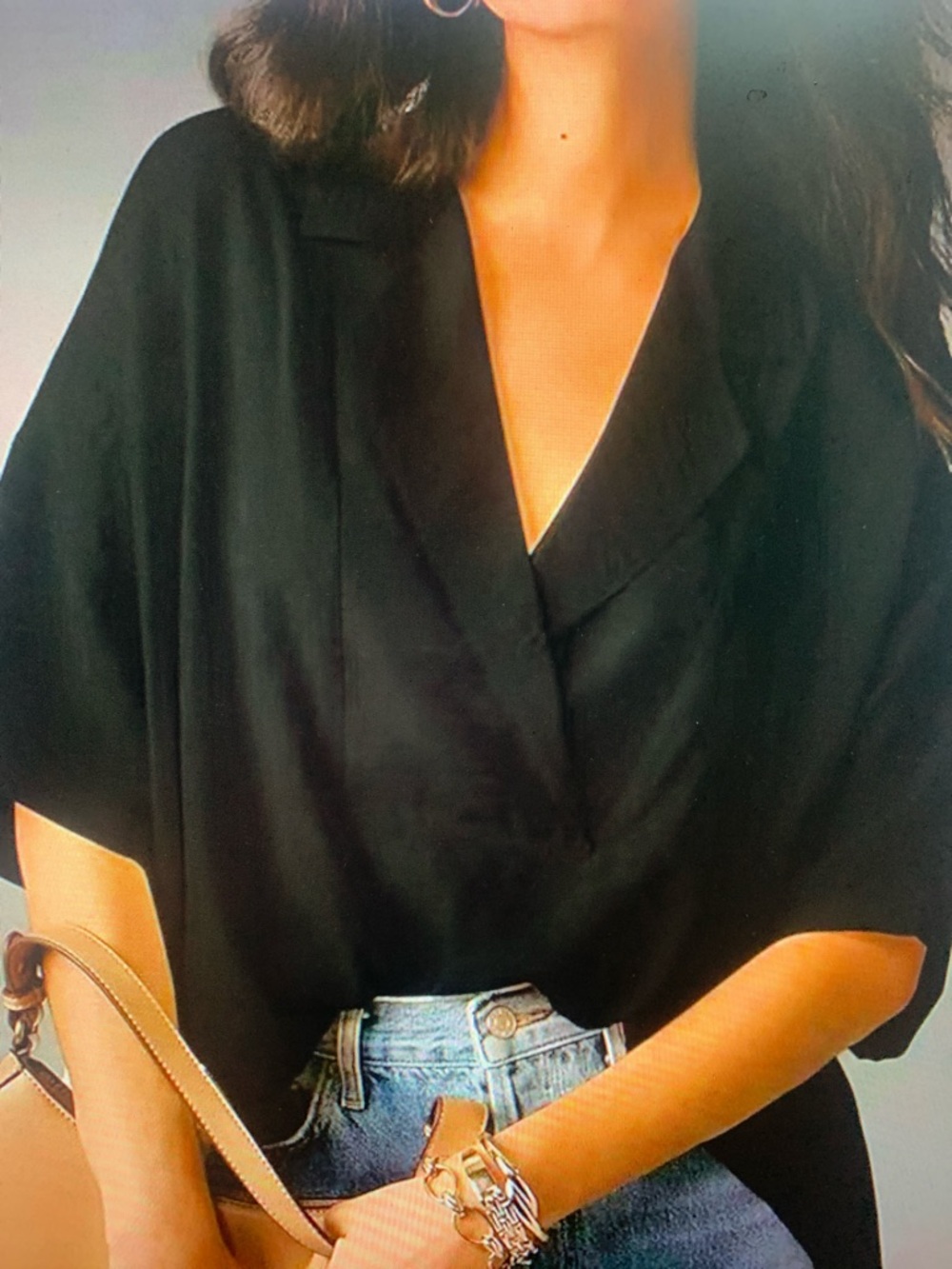 Black V-Neck Draped Women's Top
